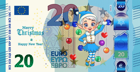 Vector holiday banknote of European Union. Note of 20 euros, cartoon pretty cheerful lady elf. Money of Europe. Merry Christmas Happy new year. Denomination of twenty. Obverse of bill