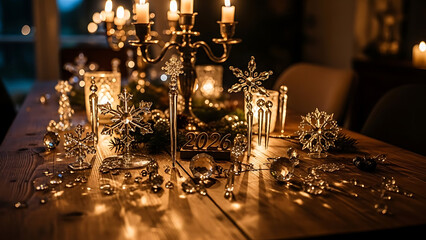 Festive table setting with lit candles in a candelabra, snowflake ornaments, and string lights creating a warm, celebratory atmosphere.