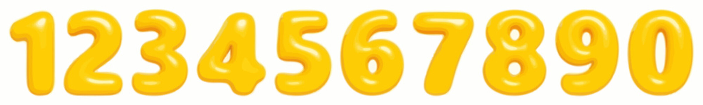 A row of bright yellow numbers from 0 to 9, appearing to be made of a viscous liquid, against a clean white background.
