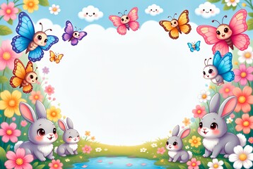 Naklejka premium Sunny Meadow Friends: Cute Butterflies, Bunnies, and Flowers Art
