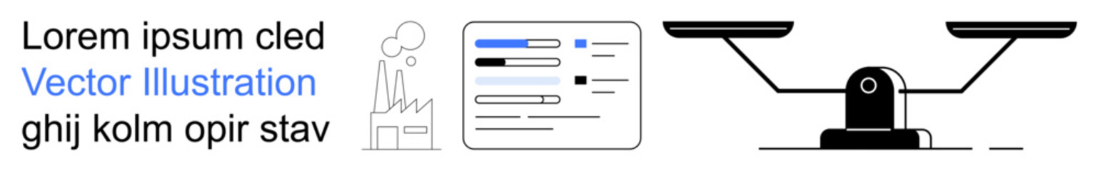 Data visualization, decision-making, analytics, law, business strategy, balance. Features text blocks, data chart and a balance scale. Data visualization and decision-making concepts