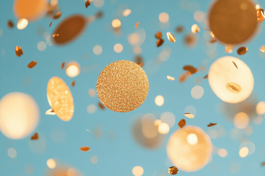 Golden confetti falling against a teal background for celebrations and events. festive image features gold confetti in various shapes and sizes, perfect for adding a touch of glamour.