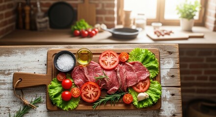 A wooden cutting board with a sliced piece of beef, fresh vegetables, and herbs on a rustic kitchen table.