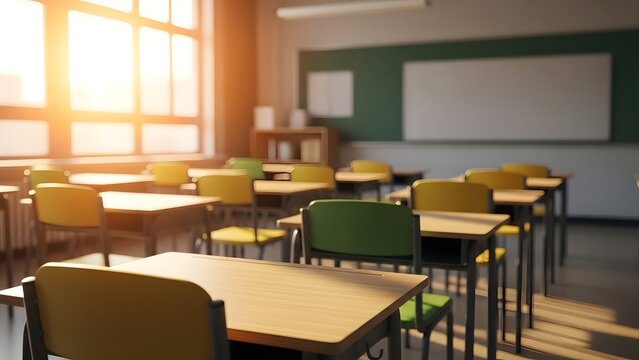 Empty classroom with desks and chairs bathed in warm sunlight from window - Powered by Adobe