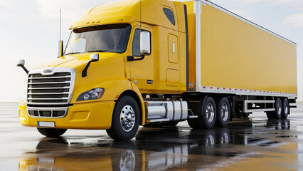 Yellow semi truck freightliner hauling cargo on wet road transportation