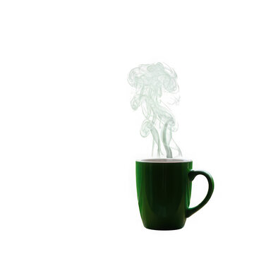 Green mug with steaming hot beverage isolated on transparent background