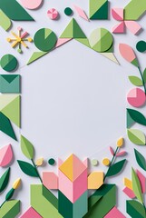 Fototapeta premium Geometric Floral Wreath: Colorful Paper Art with 3D Shapes and Botanical Accents