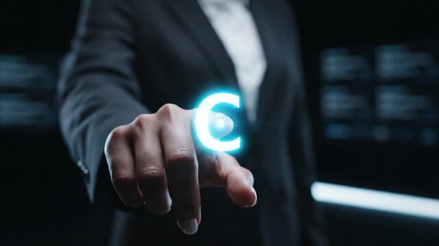 A businessperson activates a content management system, showing a network of digital content icons for a web platform