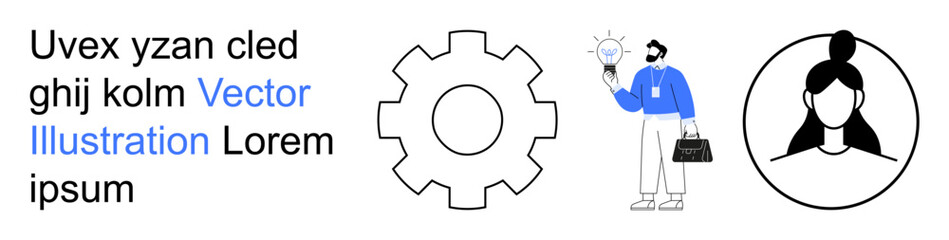 Business solutions, technical concepts, innovation, creativity, profiles, avatar design. A gear mechanism, a person holding a lightbulb and a circular profile avatar. Business solutions