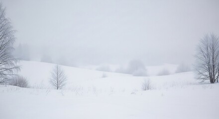 Fototapeta premium Snowy landscape with bare trees and gentle hills under a cloudy overcast sky