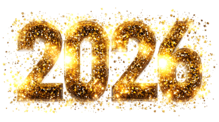 Golden sparkling numbers forming the year 2026 against a black background with confetti like effects
