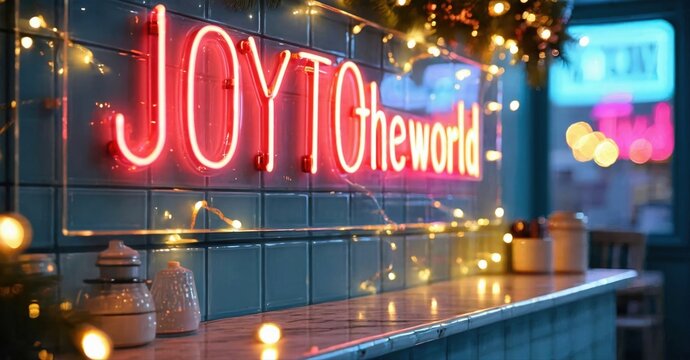 Bright neon sign displays festive message. Warm lights illuminate tiled wall, counter. Cozy atmosphere, holiday spirit evident. - Powered by Adobe