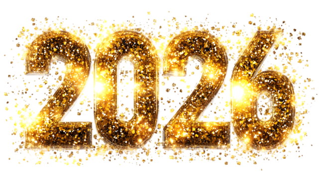 Golden sparkling numbers forming the year 2026 against a black background with confetti like effects