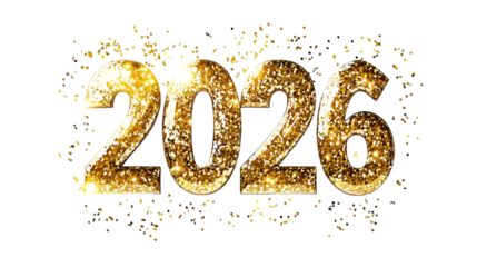 Golden and glittering year of two thousand twenty six on a black background with confetti effects