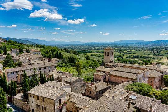 Panorama of the Abbey Church of St. Peter in Assisi, Umbria, Italy