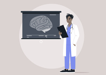 In a modern classroom, a doctors with a clipboard participates in a lecture, discussing neurological health while referencing visuals and engaging in thoughtful dialogue about patient care methods