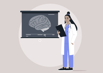 In a modern classroom, a doctors with a clipboard participates in a lecture, discussing neurological health while referencing visuals and engaging in thoughtful dialogue about patient care methods