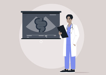 In a modern classroom, a doctors with a clipboard participates in a lecture, discussing gastrointestinal health while referencing visuals and engaging in thoughtful dialogue about patient care methods