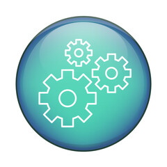 Three gear wheels icon. Settings configuration Vector symbol. Glossy blue button sphere. Mechanism process graphic element.