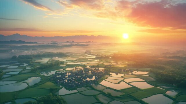 Aerial view of lush green rice paddies and a small village shrouded in morning mist during a vibrant orange and yellow sunrise over distant mountains 4k video