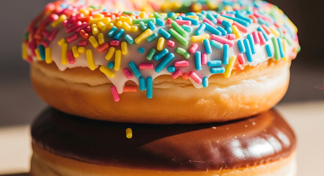 Colorful sprinkled donut delight offering sweet indulgence and sugary happiness, perfect for food blogs, bakery promotions, and cheerful dessert lovers