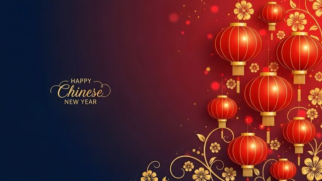 Elegant chinese new year background with red lanterns and golden floral ornament
