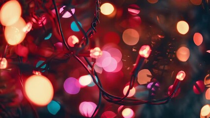 An up-close view of brightly colored Christmas lights twinkling against a dark background. The festive bulbs cast a warm glow and are densely packed together. - Powered by Adobe