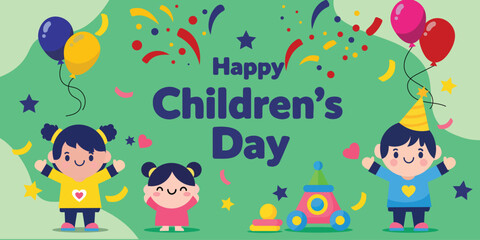 Flat cartoon banner for Happy Children’s Day featuring diverse kids, colorful balloons, confetti, and toys on a vibrant green background. Perfect for global holiday promotions and celebration graphics