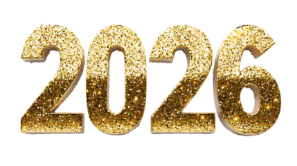 The year two thousand and twenty six in gold glitter on a black background for new year celebrations