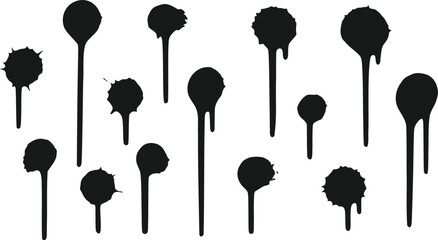 Collection of Black Paint Splatter Blob Drips and Circles Isolated on Transparent Background