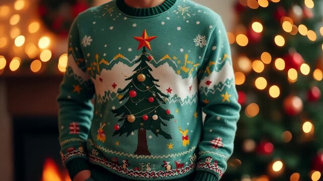 Festive ugly Christmas sweater with tree pattern and blurred decorated tree in background 
