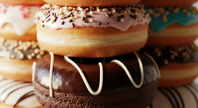 Indulge in a tempting stack of gourmet donuts with colorful icing and sprinkles, perfect for satisfying cravings and celebrating sweet moments together