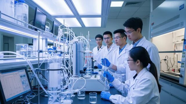 Group of students conducts experiments and learns lab techniques in a university chemistry lab