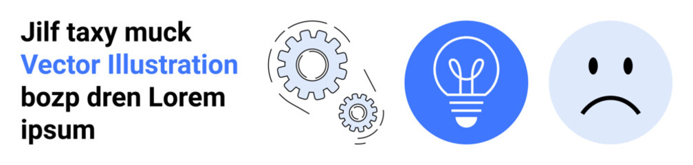 Innovation, problem-solving, productivity, emotions, creativity, teamwork. Gear mechanism, lightbulb sad face icons in blue and gray tones. Innovation and teamwork concept