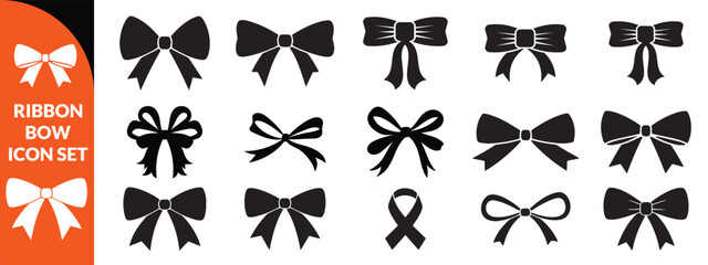 Ribbon bow icon set, vector coquettish cute knot, romantic love doodle vintage accessory collection. Holiday gift decoration silhouette, birthday elegant design element. Feminine Valentine ribbon set 