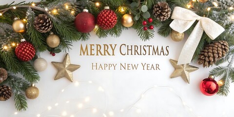 Festive christmas garland with pine cones ornaments and twinkling lights creating a warm holiday greeting with merry christmas and happy new year text