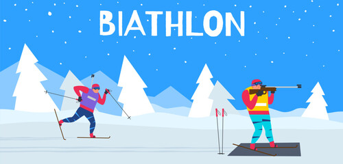 biathlon runner  ski race winter sport competition vector illustration