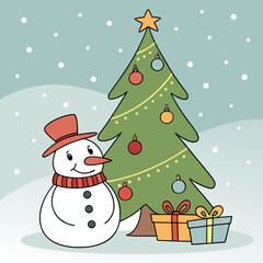 A cheerful cartoon snowman wearing a red hat and scarf stands beside a decorated christmas tree with presents underneath