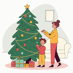 Mother and son happily decorating a christmas tree with ornaments and presents underneath in a cozy living room setting