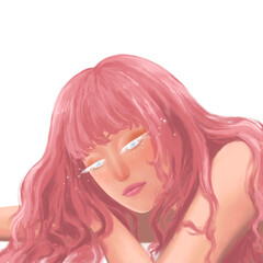 A woman lies on her side with long pink hair and white eyelashes