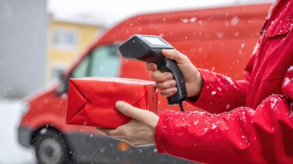 Courier scans red package with handheld scanner while snow falls lightly in background of electric van