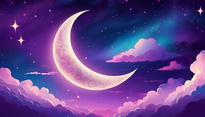 a crescent moon glows brightly in a violet night sky with fluffy clouds and a scattering of stars