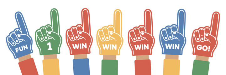 Colorful Foam Finger Hand Illustration Featuring Number One Fan Gesture and Sports Cheering Symbol Presented as Fun Victory Celebration Artwork for Supporter Graphics