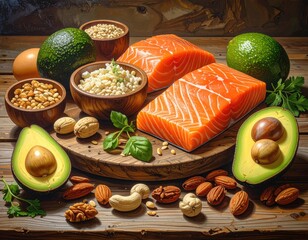 Healthy fats food composition on wooden board, rustic table