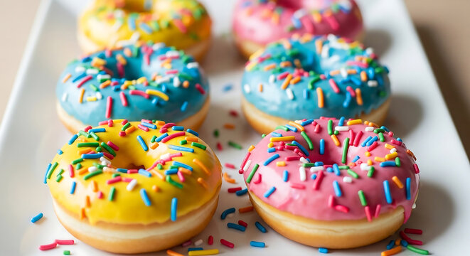 Colorful donuts with sprinkles arranged on a white plate, perfect for sweet cravings and bakery promotions. Fresh, delicious, and irresistible treat