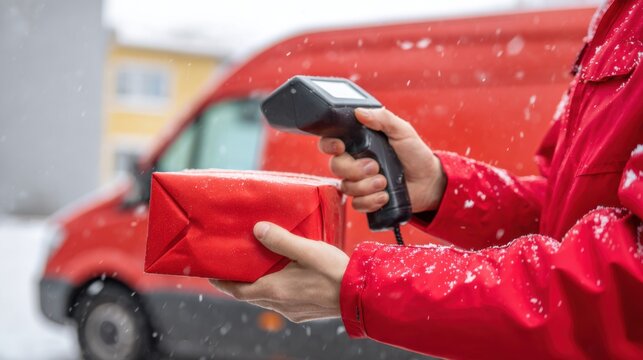 Courier scans red package with handheld scanner while snow falls lightly in background of electric van - Powered by Adobe