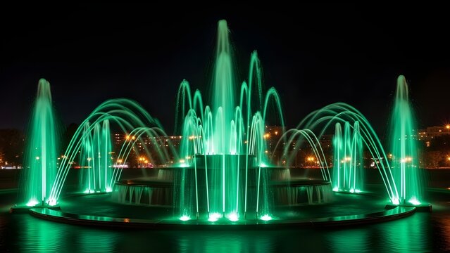 Illuminated fountain display with vibrant green lights at night - Powered by Adobe