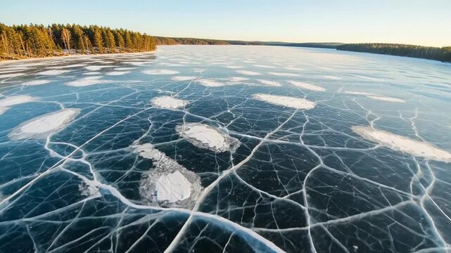 Stunning Ice Patterns on a Frozen Lake During Golden Hour.