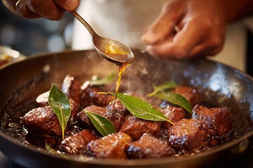 Chef's hands adding sauce to Adobo in frying pan, featuring browned beef, garnished with fresh bay leaves. Concept of warm kitchen atmosphere, emphasis on traditional braised meat sauce.