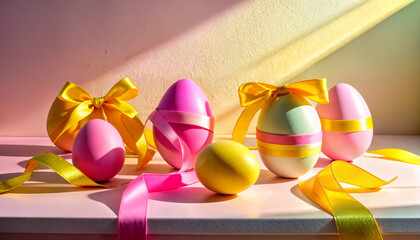 Colorful Easter eggs with yellow and pink ribbons in sunlight